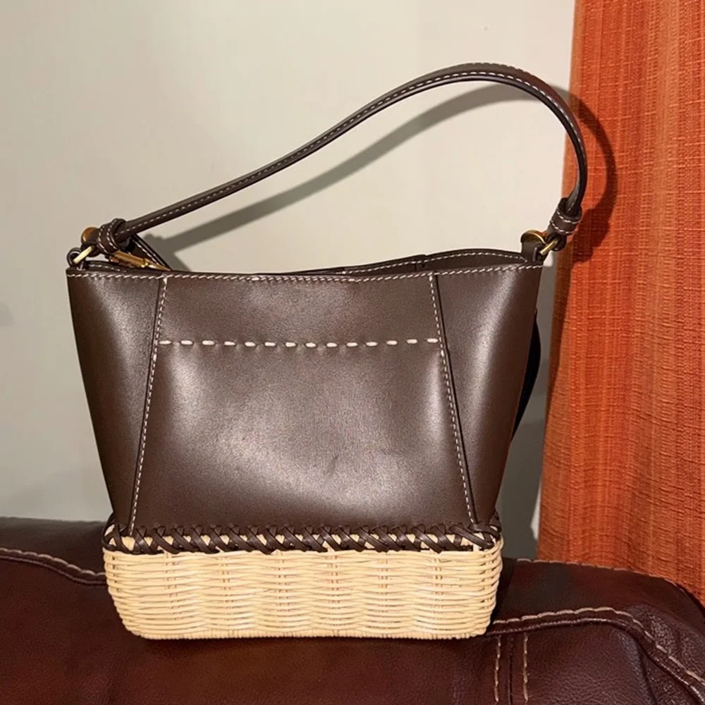 ‼️Tory Burch McGraw Small Wicker Brown Leather Bucket Bag Crossbody Bag